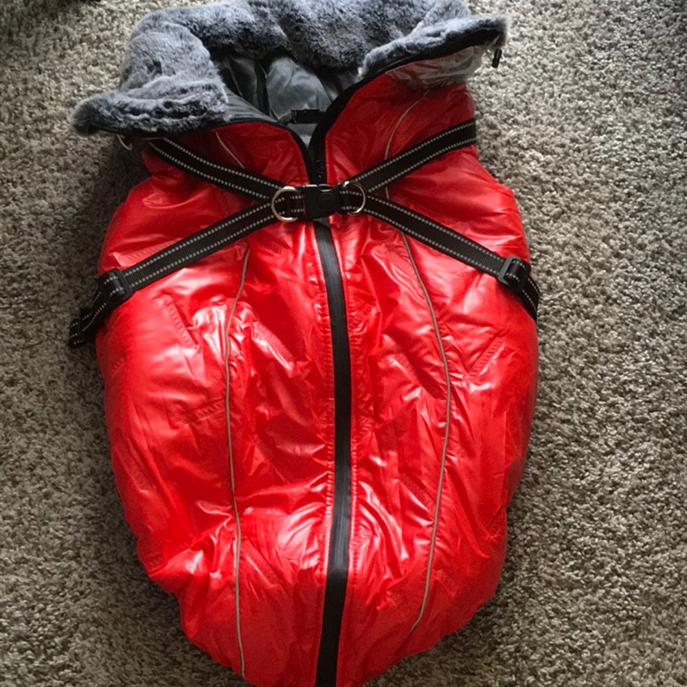NEW Red Puffer Dog Jacket with Black Trim XL